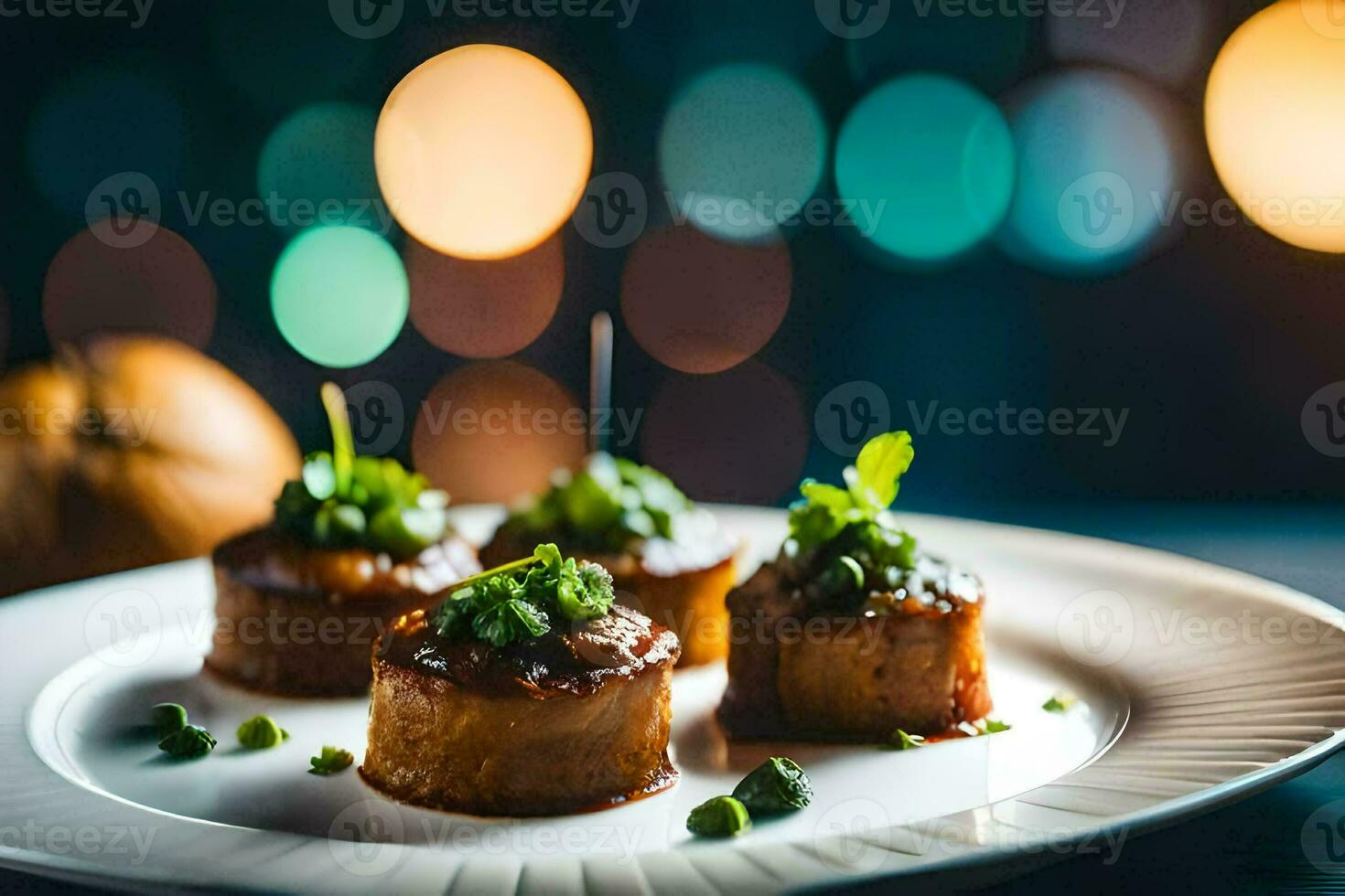 small appetizers on a plate with a blurry background. AI-Generated photo