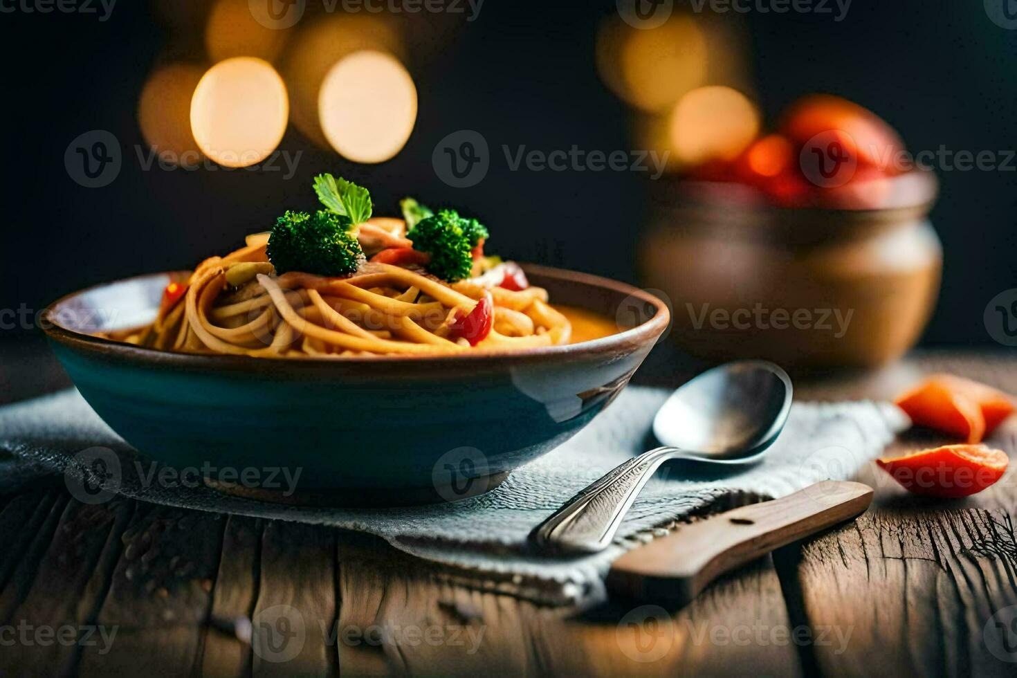 espaguetis con tomate y brócoli en un cuenco en un de madera mesa. generado por ai foto