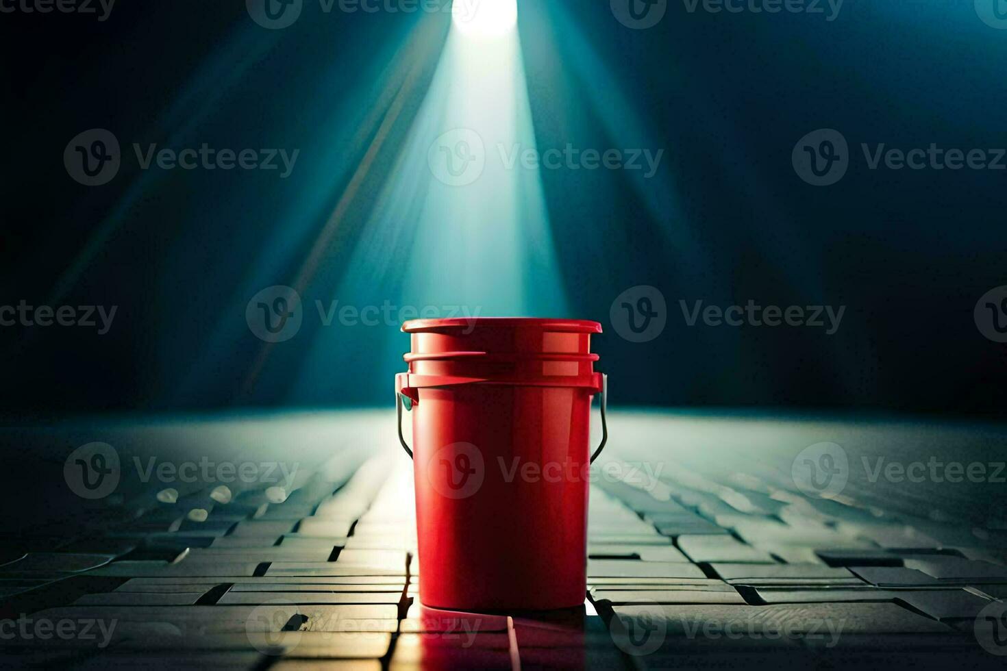 a red bucket on a dark floor with light shining from the top. AI-Generated photo