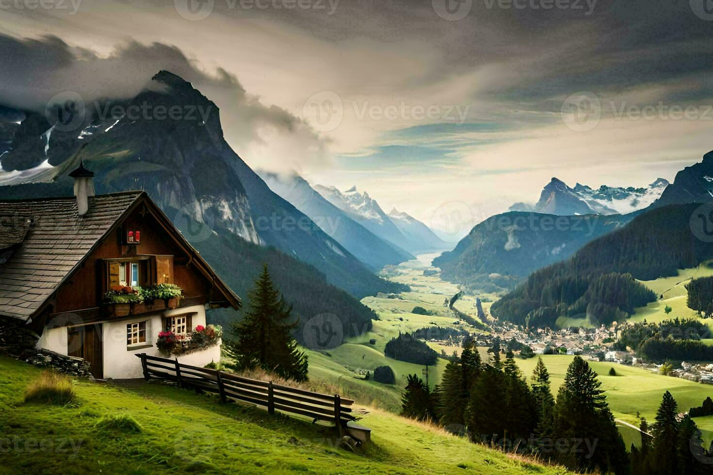 a small house sits on a hill overlooking a valley. AI-Generated photo
