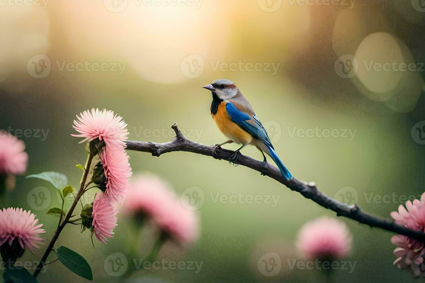 photo wallpaper the sun, flowers, bird, spring, the bird, spring, the bird,. AI-Generated