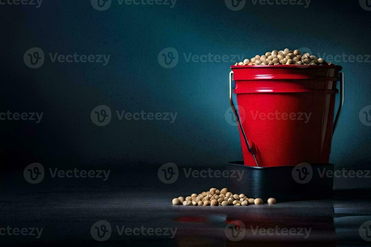 a red bucket filled with soybeans on a dark background. AI-Generated photo