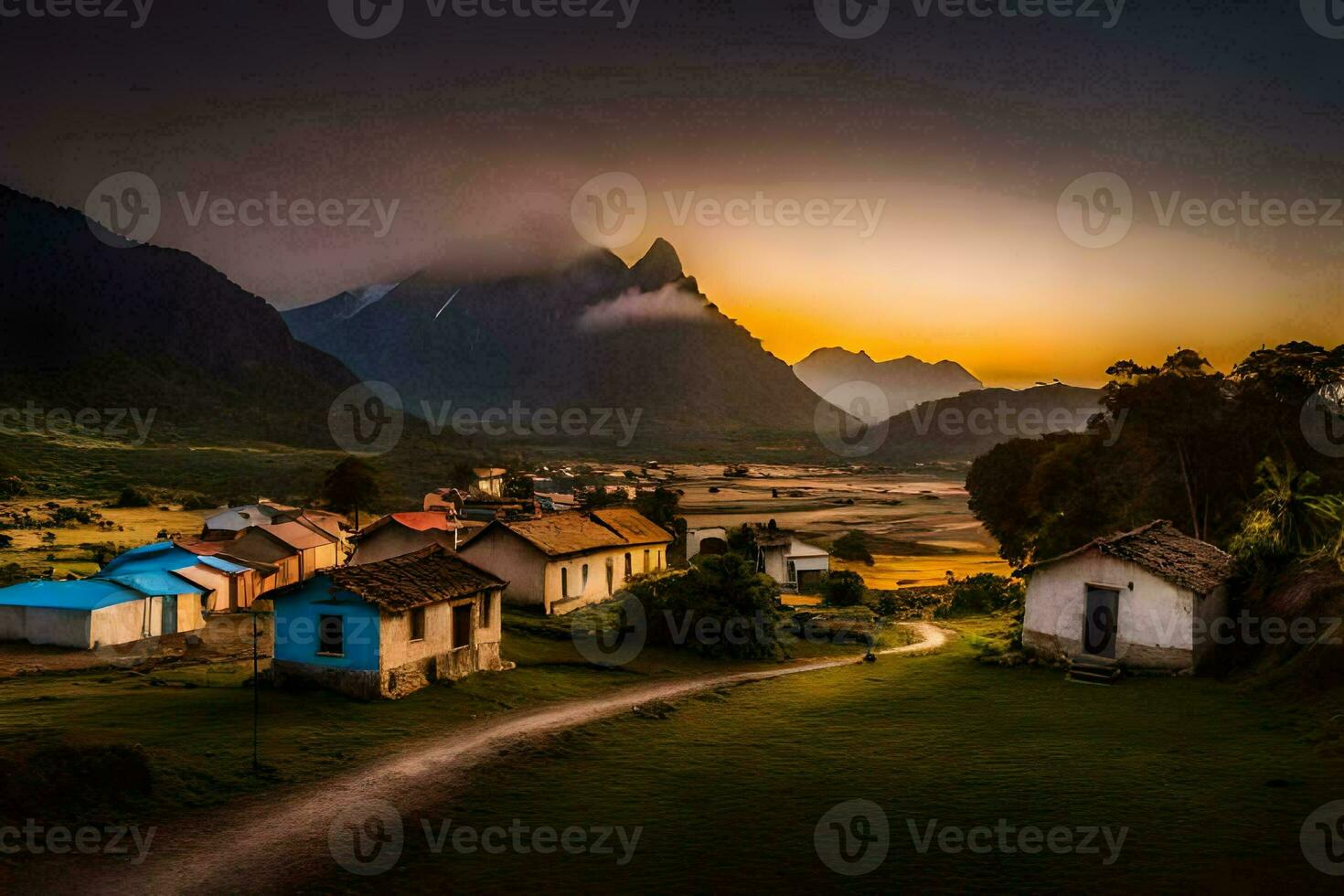 a village at sunset with mountains in the background. AI-Generated photo