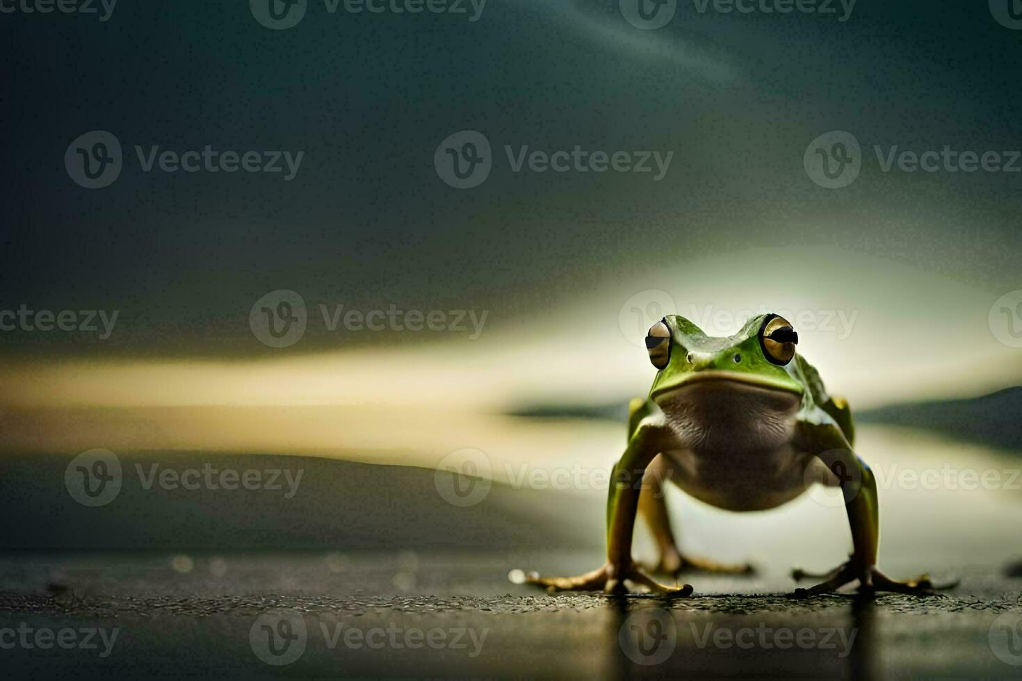 a frog is standing on the ground in front of a dark sky. AI-Generated photo