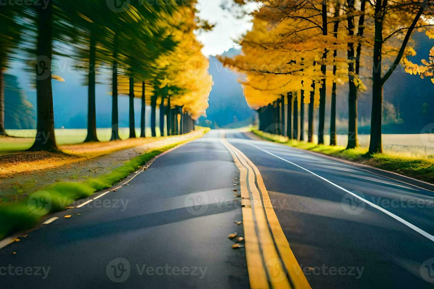 an empty road with trees lining the sides. AI-Generated photo