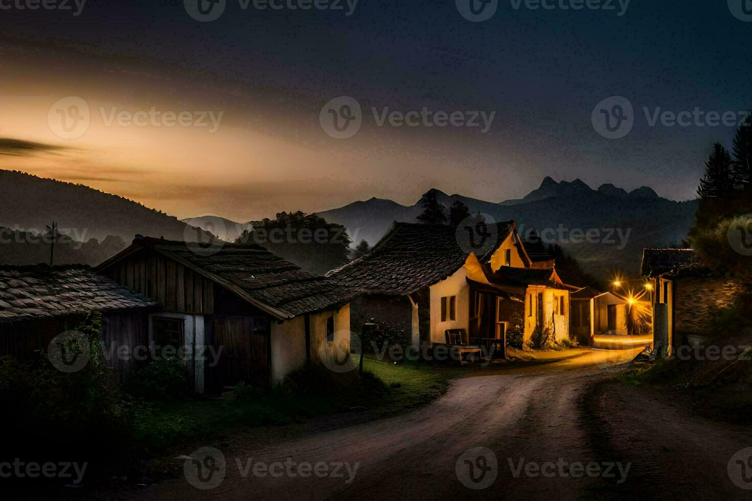 foto fondo de pantalla el cielo, montañas, camino, el aldea, el camino, el aldea, el. generado por ai