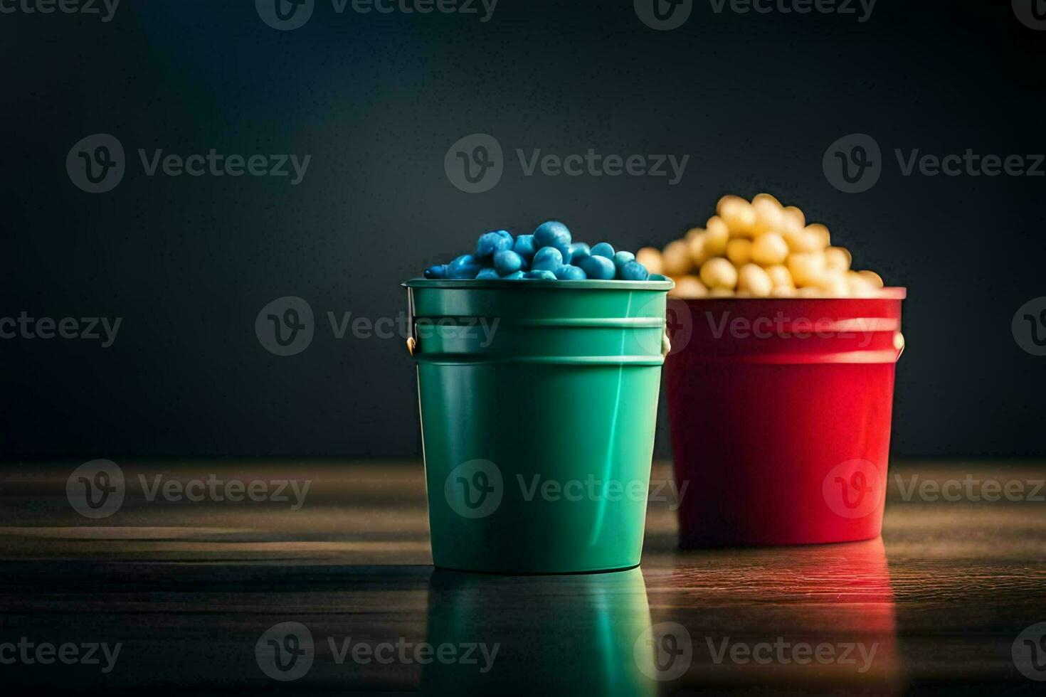 two cups of blue and red candy in front of a dark background. AI-Generated photo