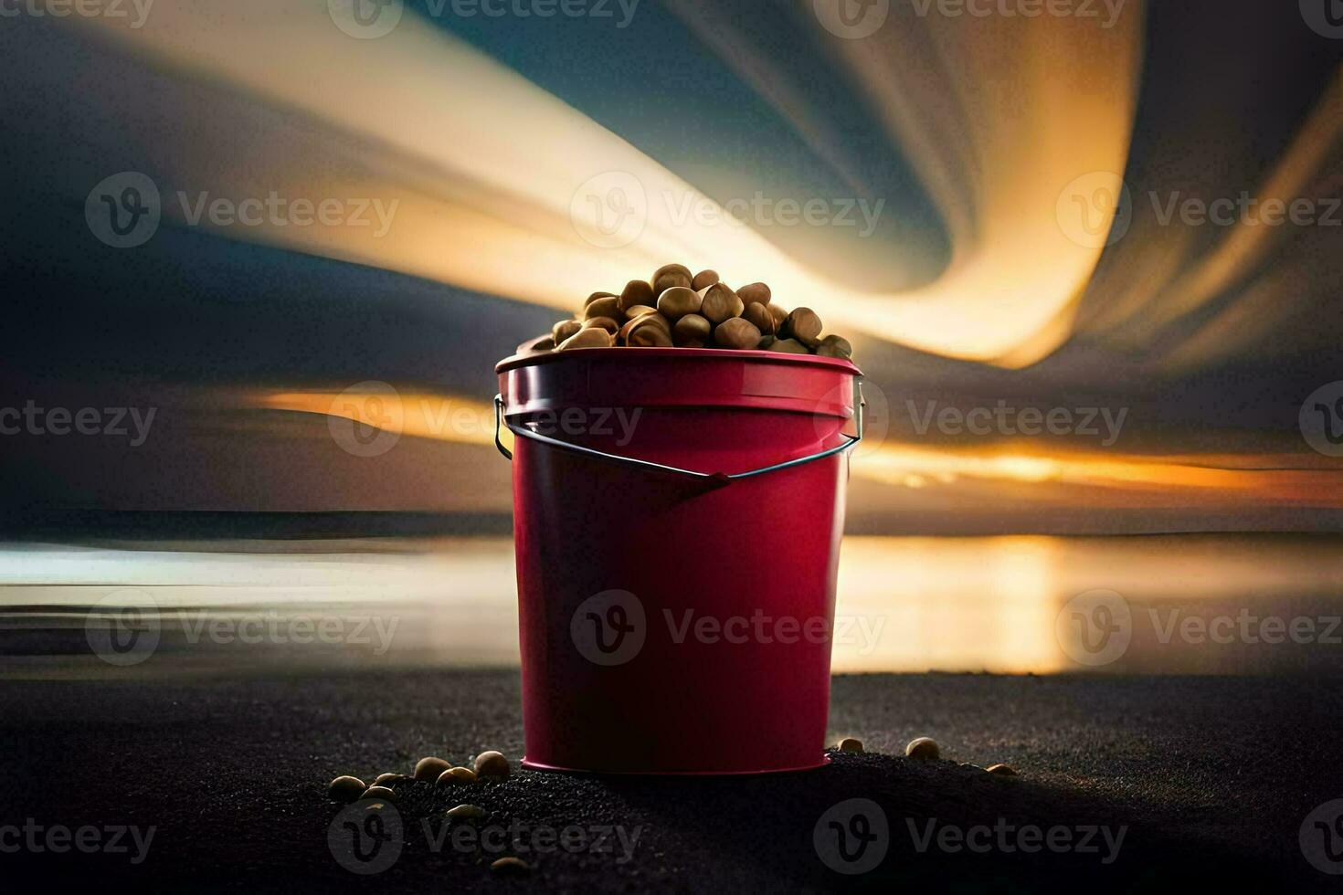 a red bucket filled with nuts on the beach. AI-Generated photo