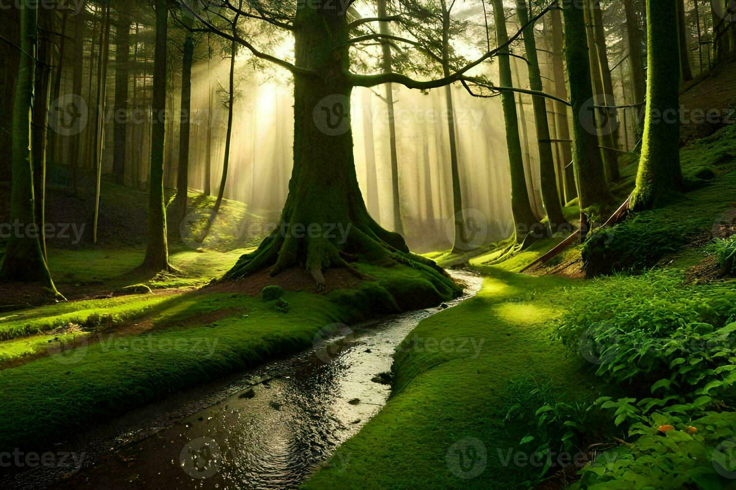 a stream runs through a forest with trees and sunbeams. AI-Generated photo