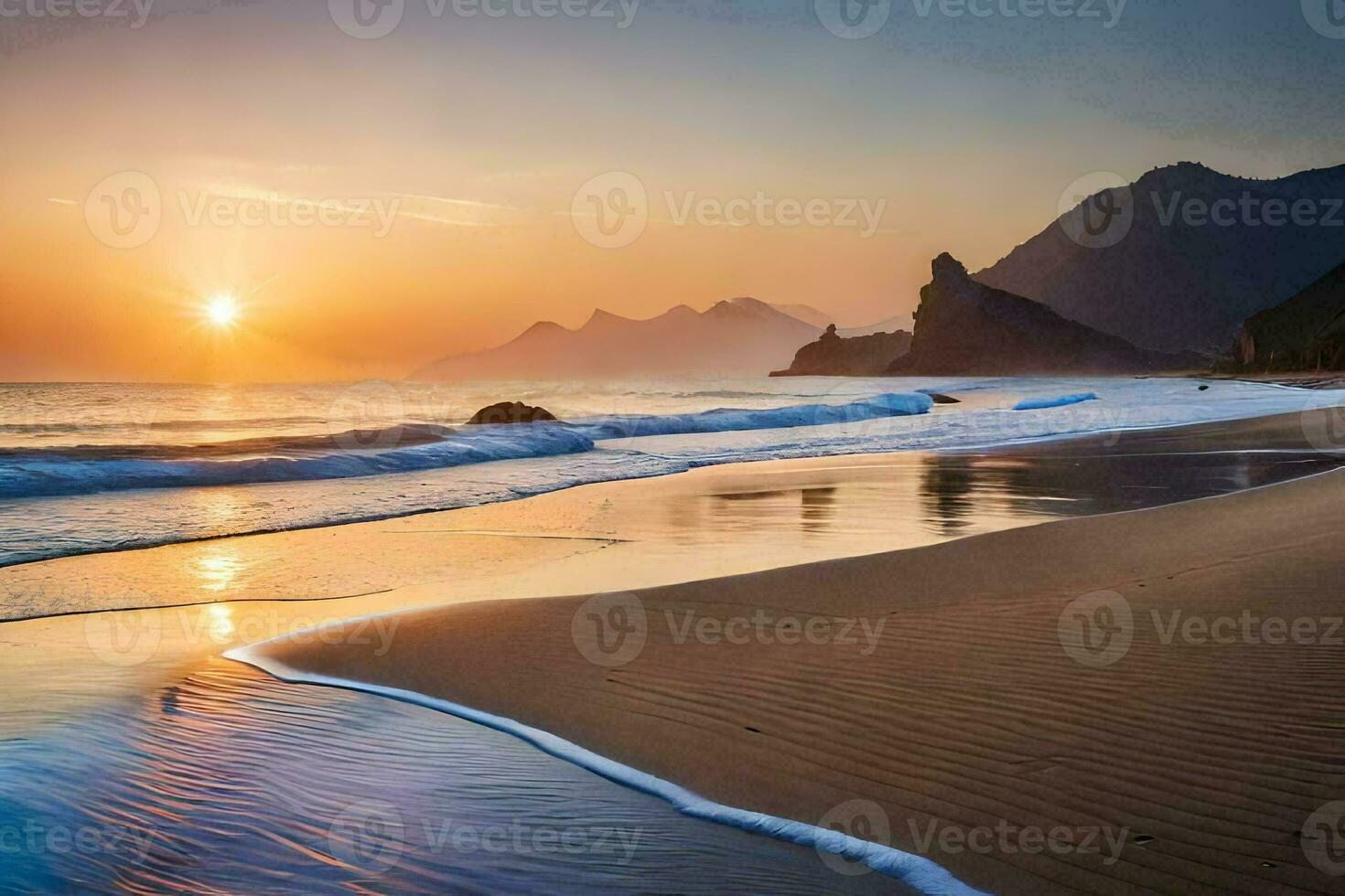 el Dom conjuntos terminado el Oceano y montañas. generado por ai foto