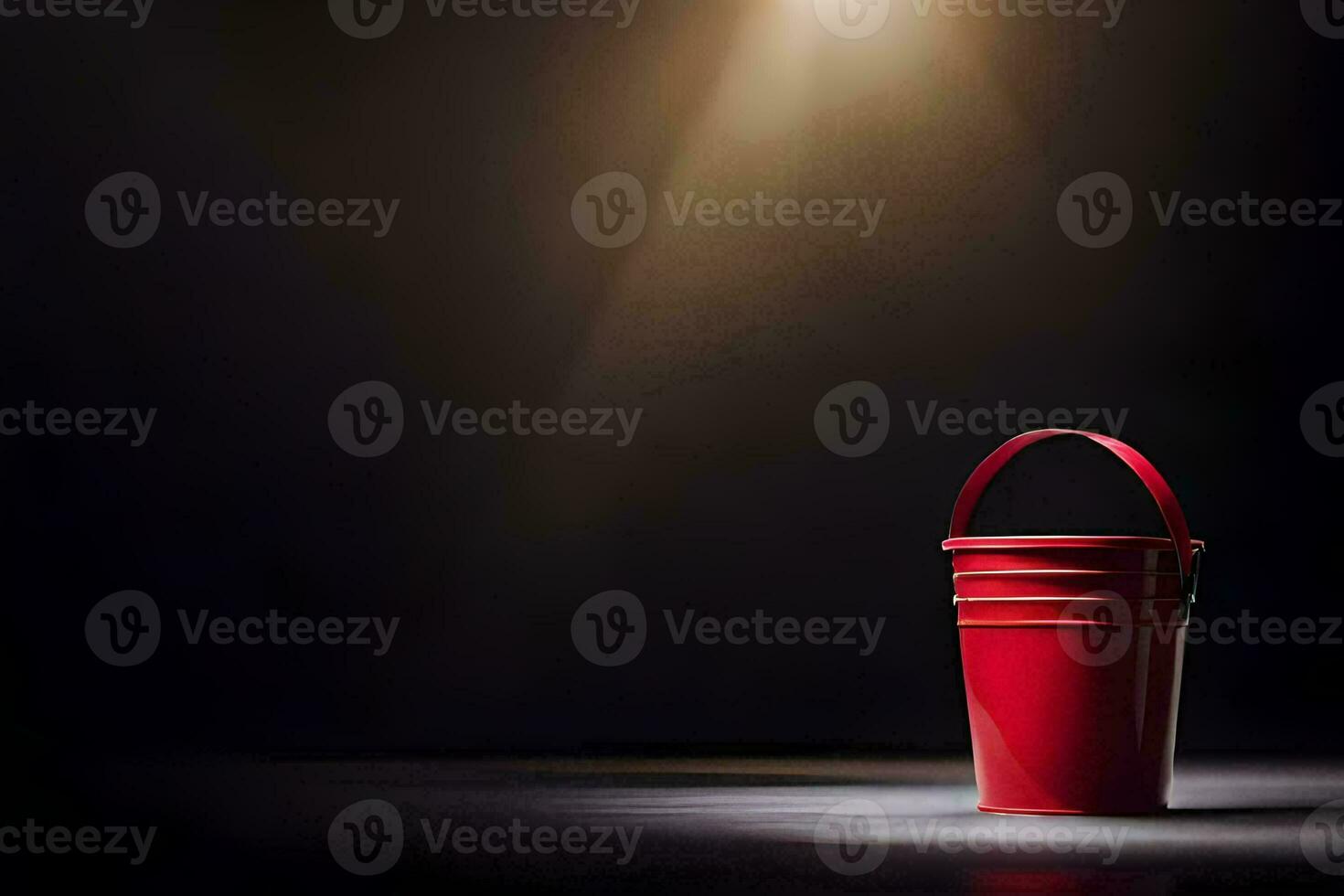 a red bucket on a dark floor with a spotlight. AI-Generated photo