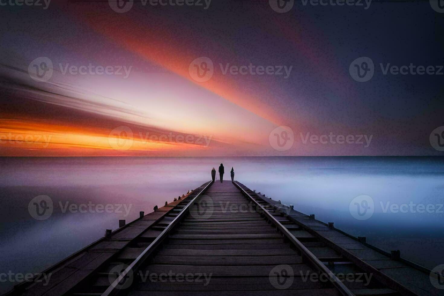 un hombre y mujer caminar a lo largo un muelle a puesta de sol. generado por ai foto