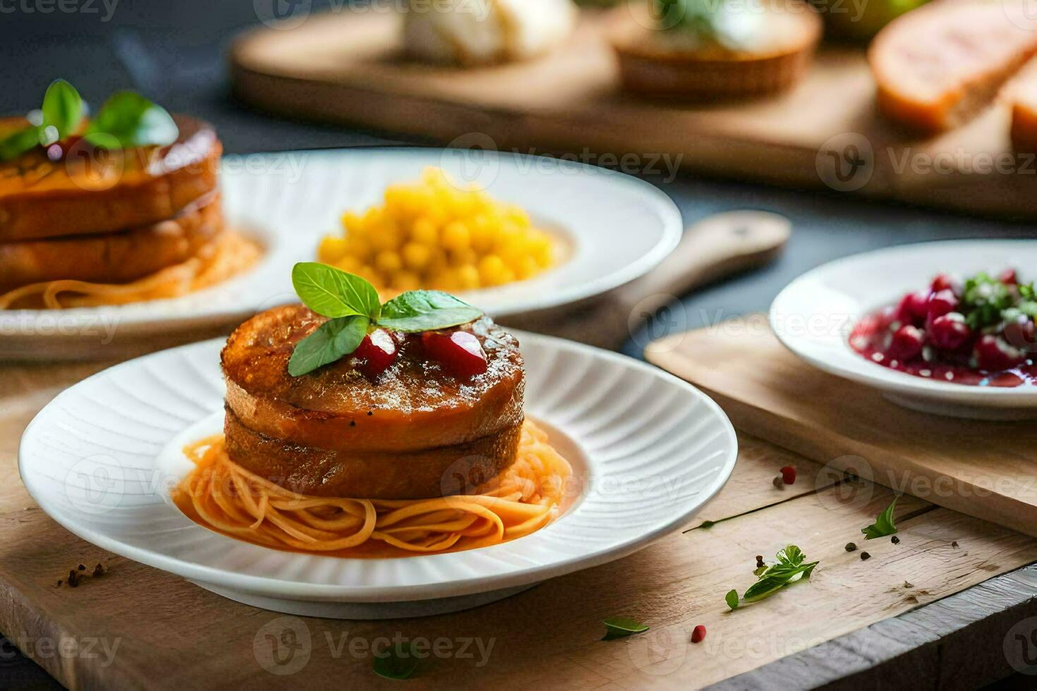 three plates with spaghetti and vegetables on them. AI-Generated photo
