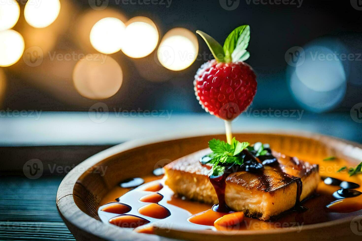 a plate with a strawberry on top of it. AI-Generated photo