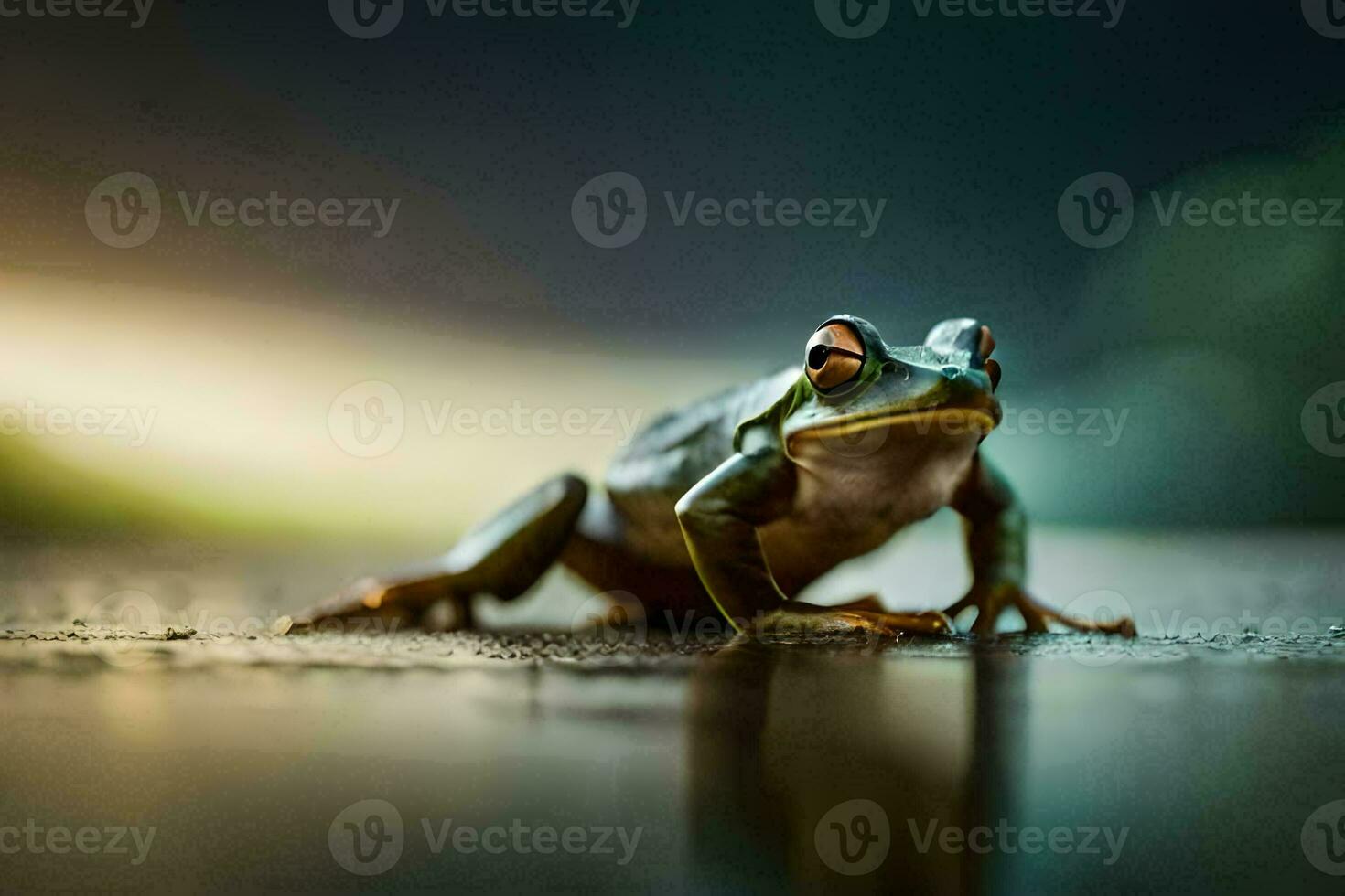 a frog sitting on the ground with a blurry background. AI-Generated photo