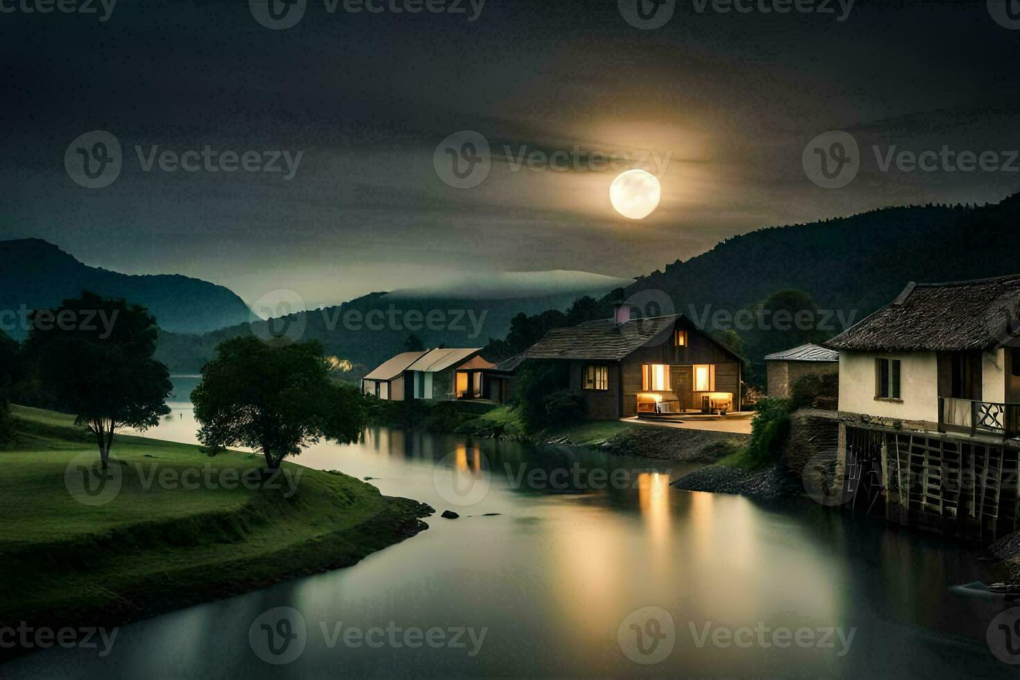 un río en el montañas con casas y un lleno Luna. generado por ai foto