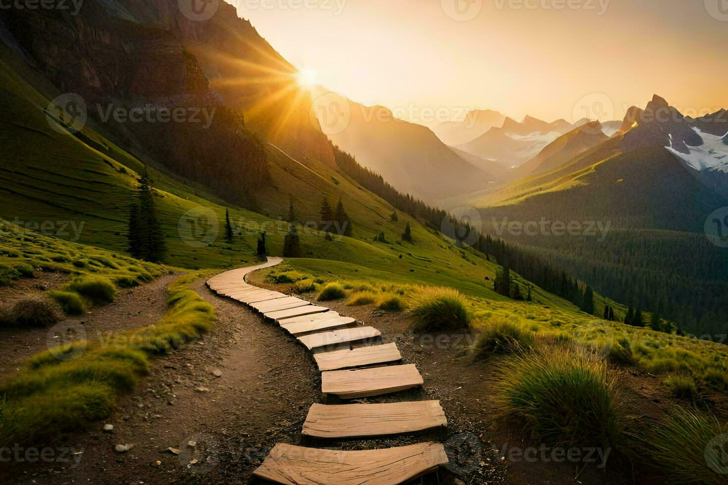 a path leads to the mountains at sunset. AI-Generated photo