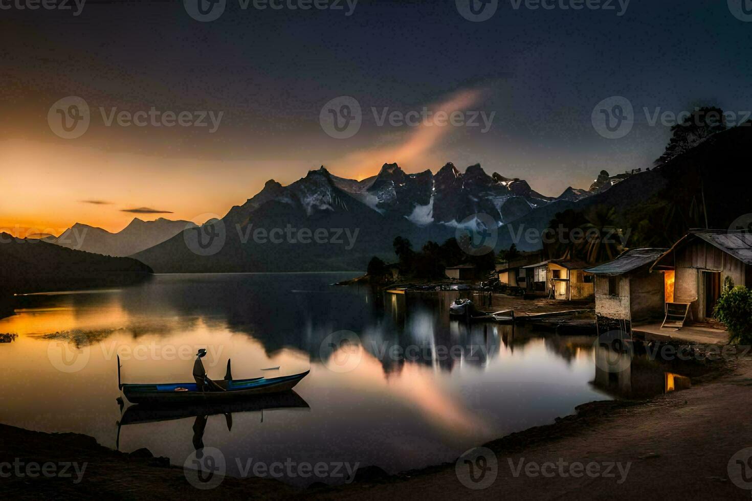 el puesta de sol terminado el lago. generado por ai foto