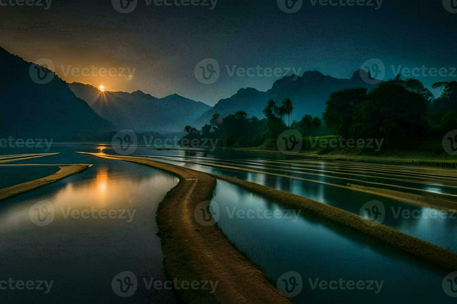 the sun sets over a river in the mountains. AI-Generated photo