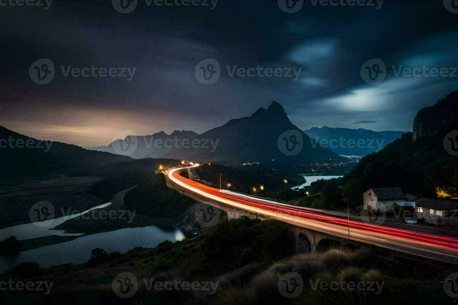 a long exposure photo of a highway at night. AI-Generated