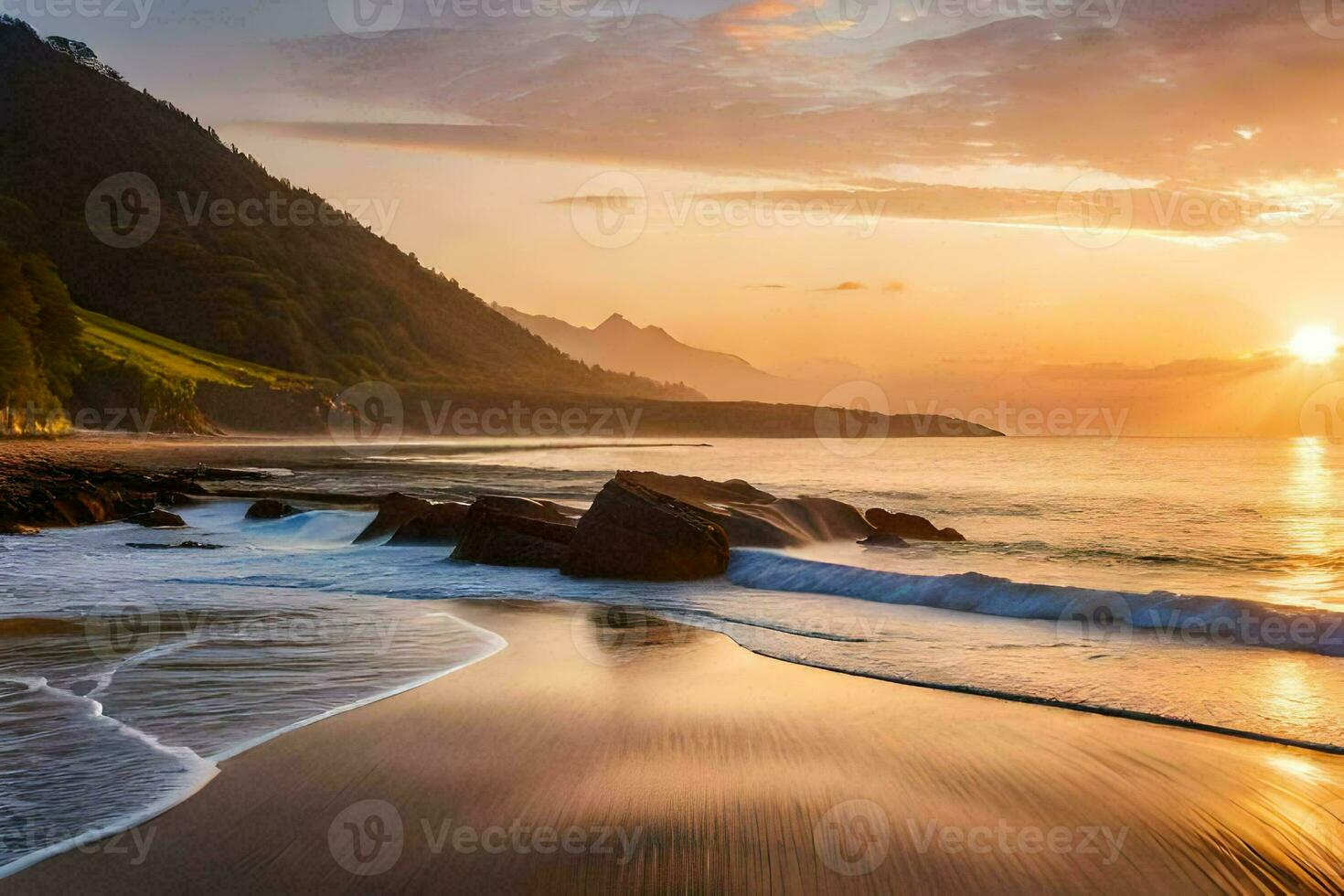 the sun sets over a beach and mountains. AI-Generated photo