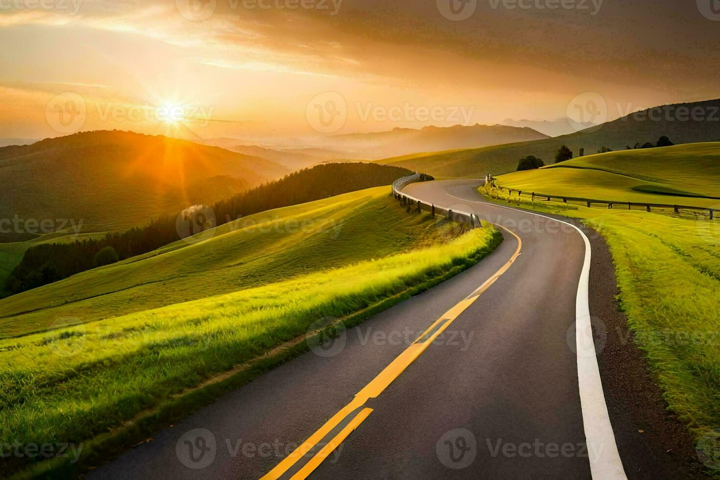 a winding road in the mountains with the sun setting. AI-Generated photo
