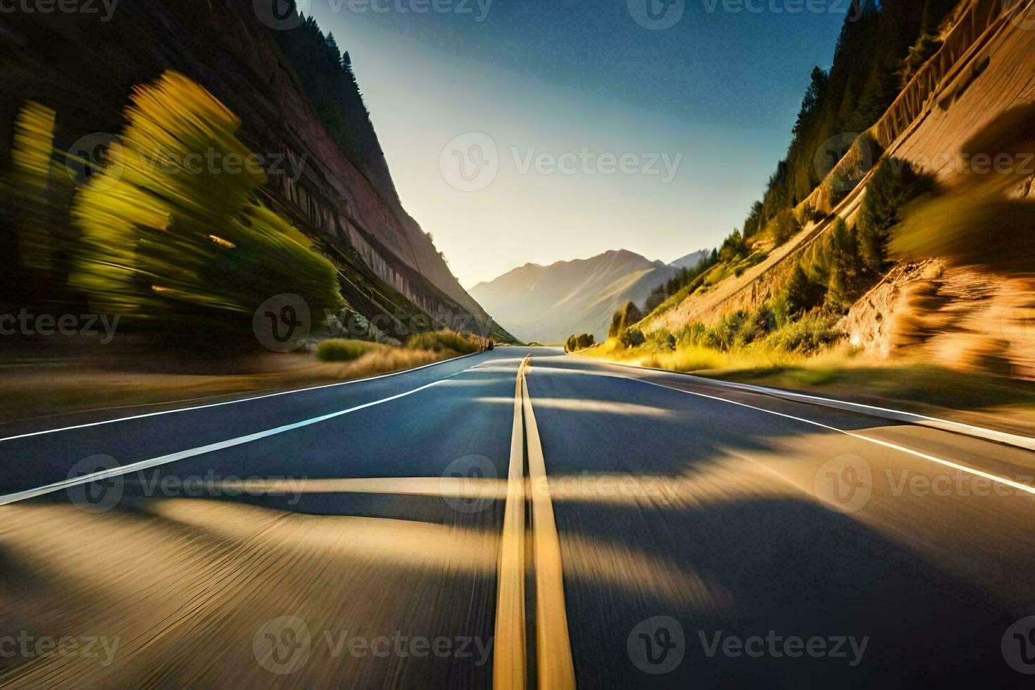 a blurry image of a road with mountains in the background. AI-Generated photo