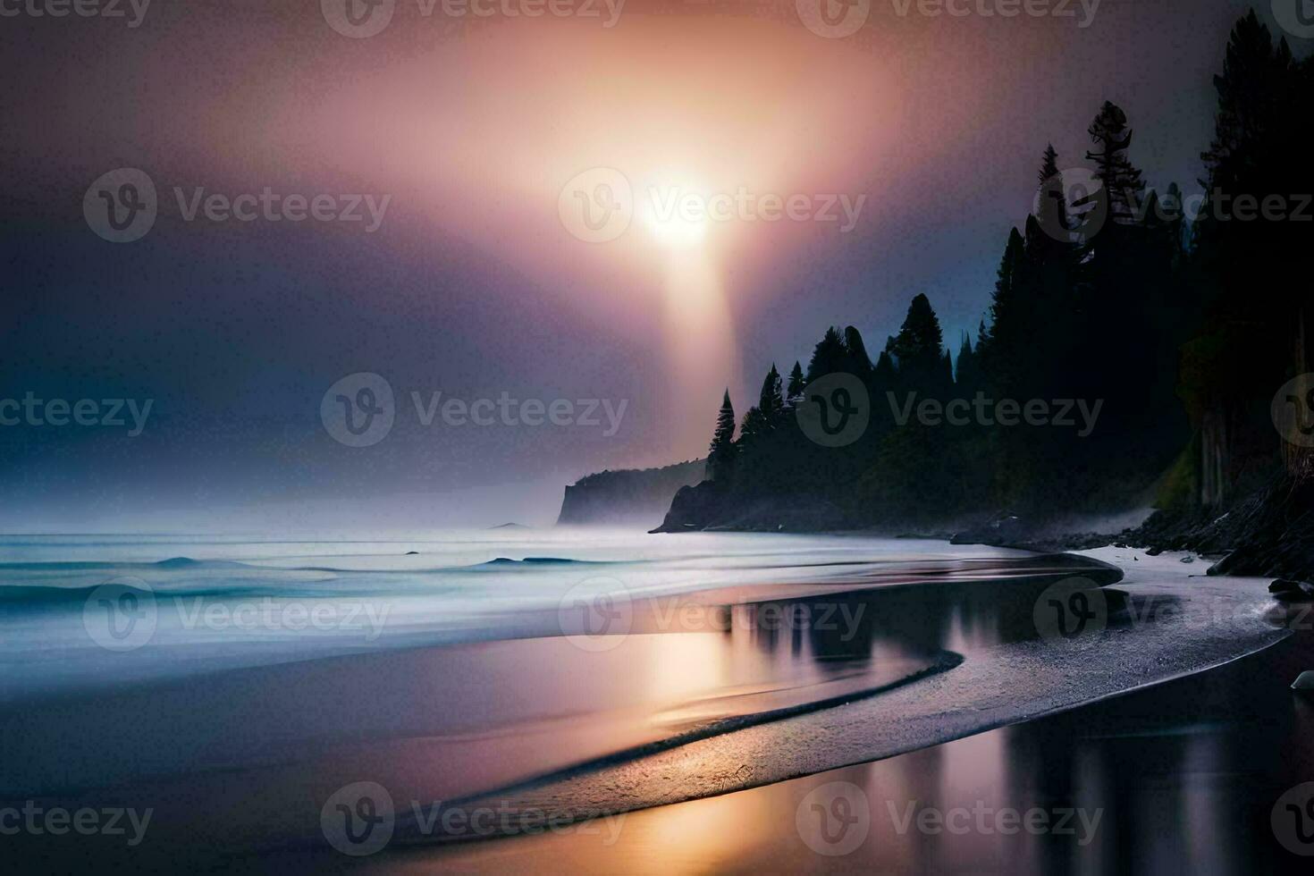 a beautiful sunset over the ocean and trees. AI-Generated photo