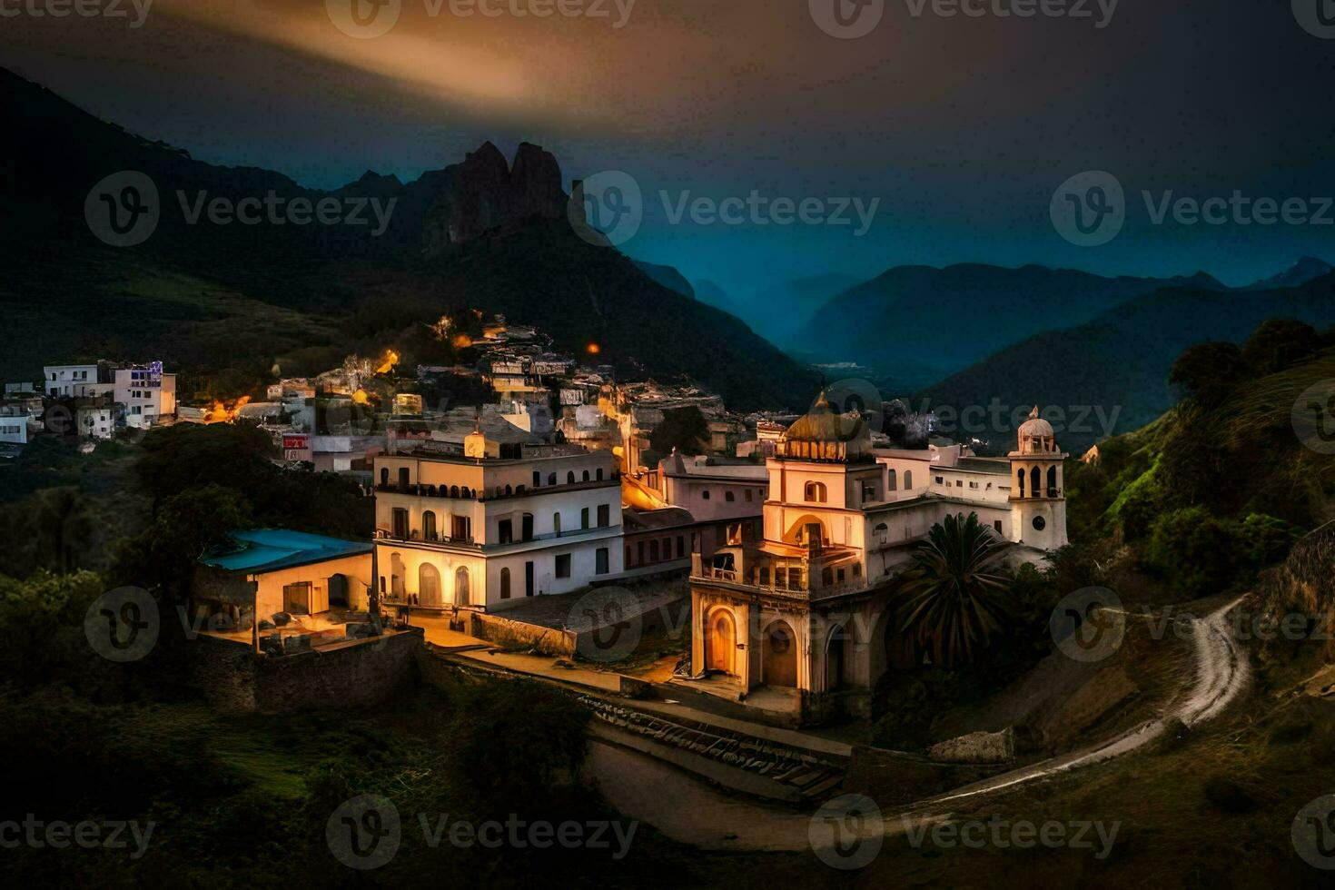 foto fondo de pantalla el cielo, montañas, noche, el aldea, el ciudad, el aldea, el. generado por ai