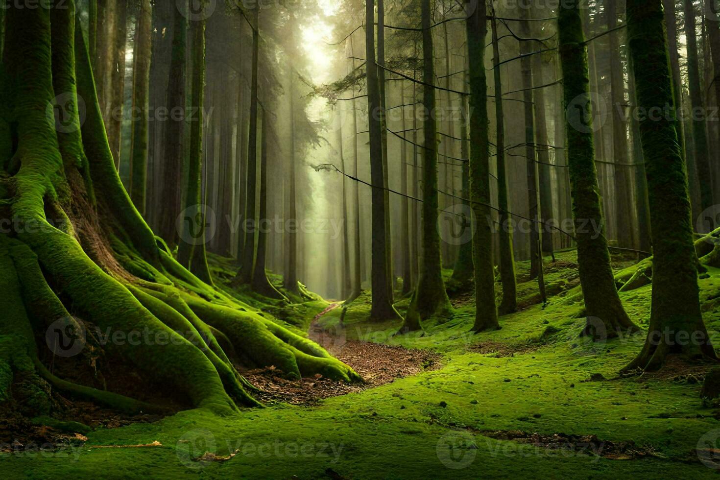 a path through a forest with mossy trees. AI-Generated photo