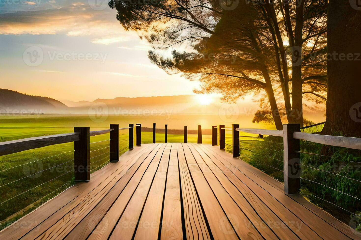 a wooden bridge leads to a grassy field at sunset. AI-Generated photo