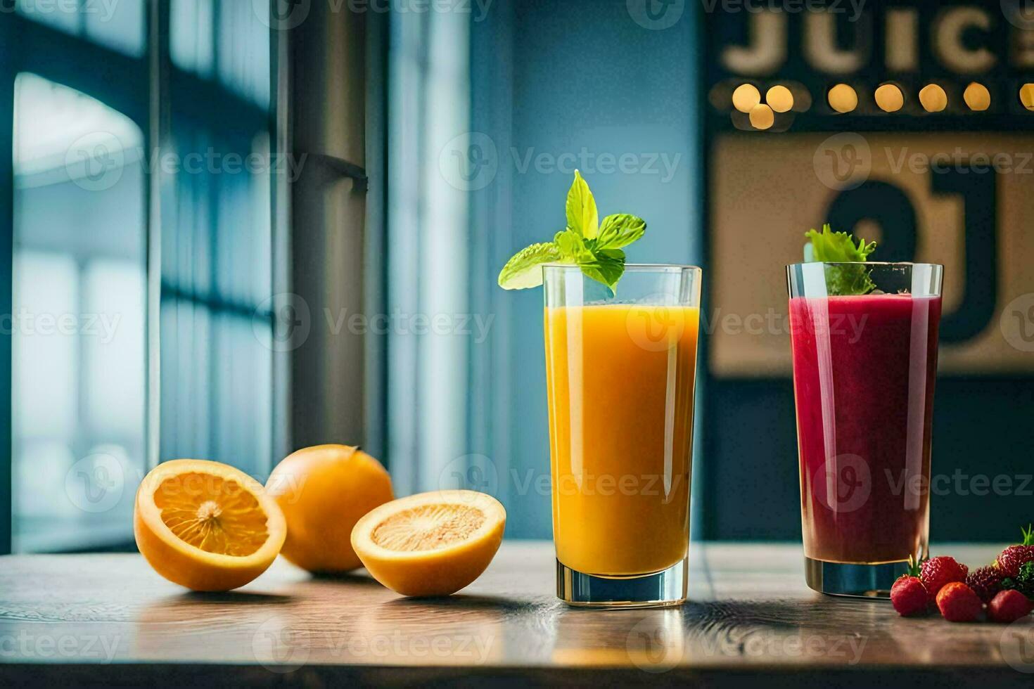two glasses of juice with fruit and berries. AI-Generated photo