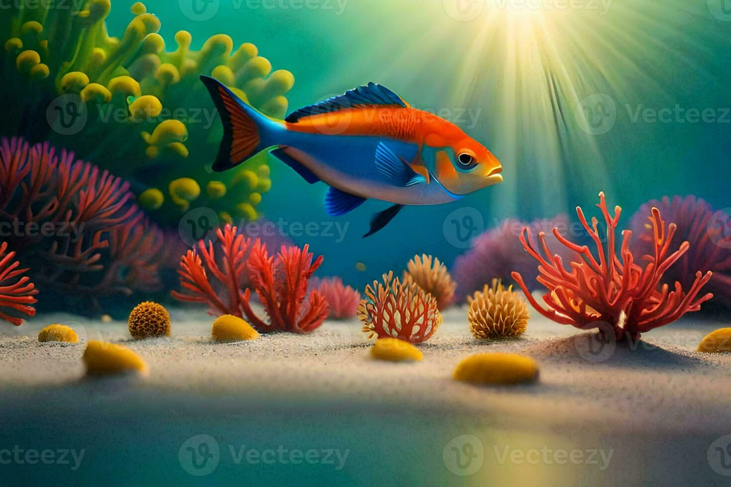 an underwater scene with fish and corals. AI-Generated photo