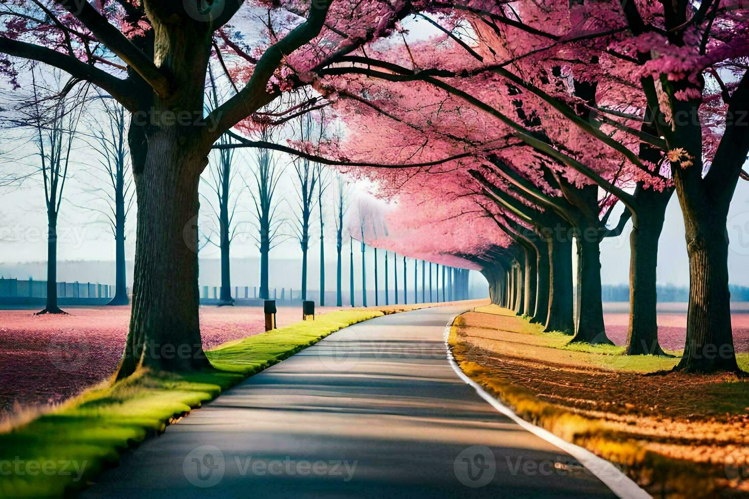 a path lined with pink trees and a road. AI-Generated photo