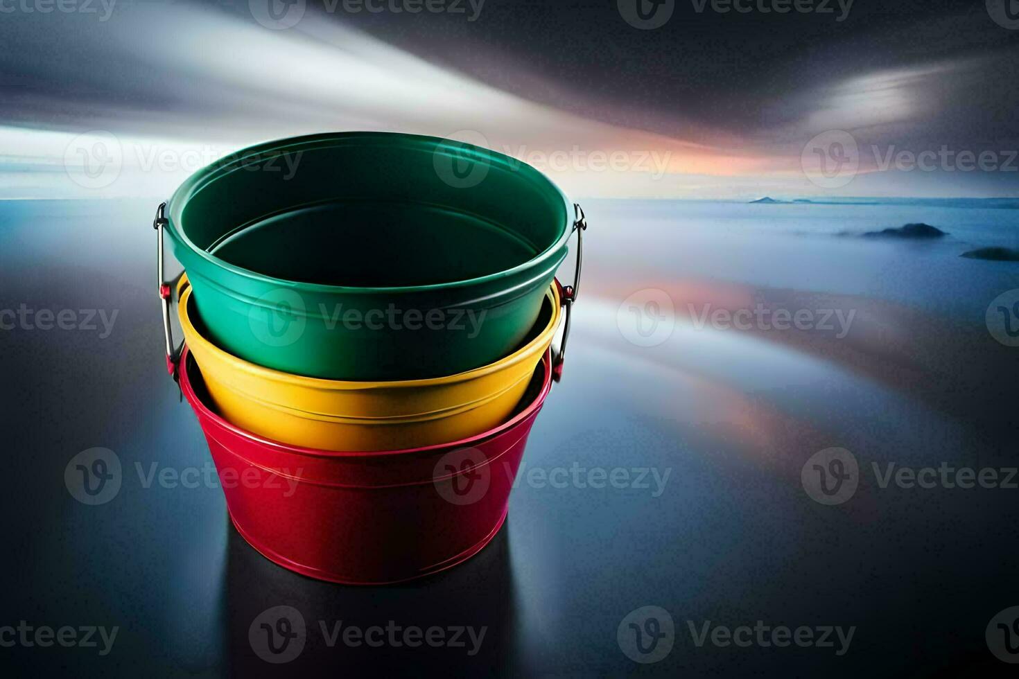 three colorful buckets sitting on top of a black surface. AI-Generated photo