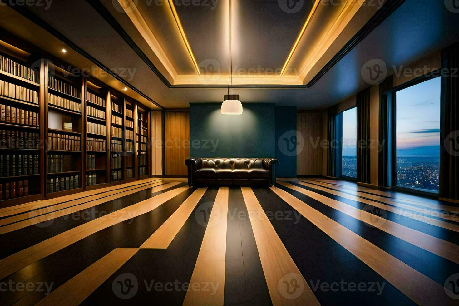 a room with a leather couch and bookshelves. AI-Generated photo