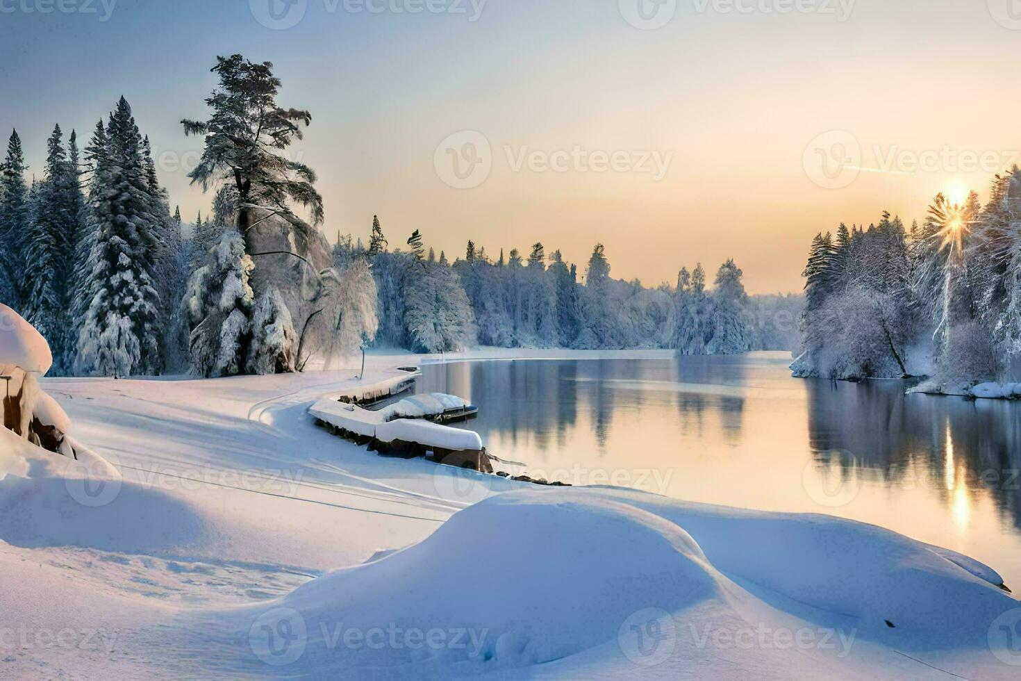 a snowy river in the winter. AI-Generated photo