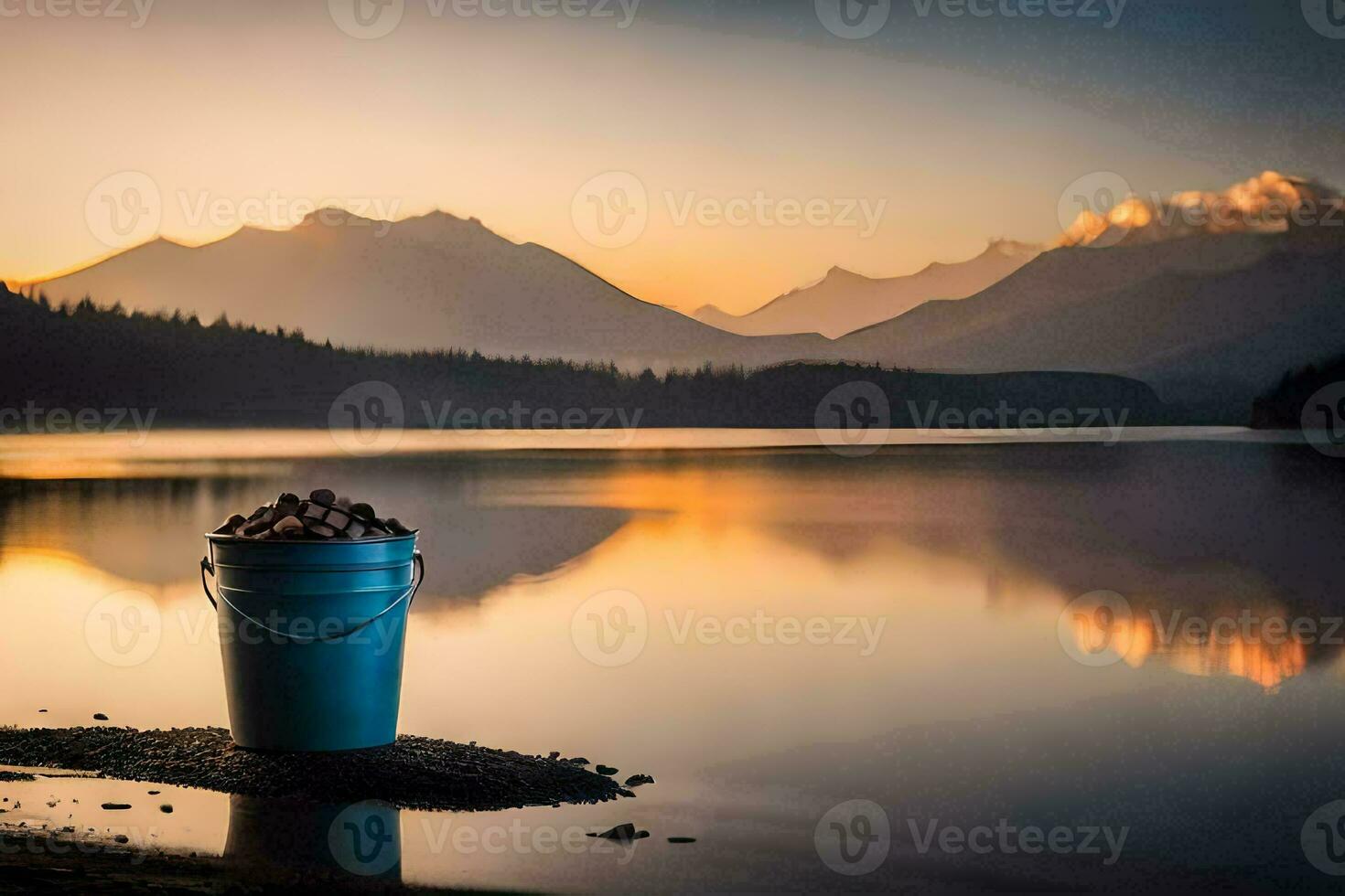 a bucket of nuts on the shore of a lake at sunset. AI-Generated photo
