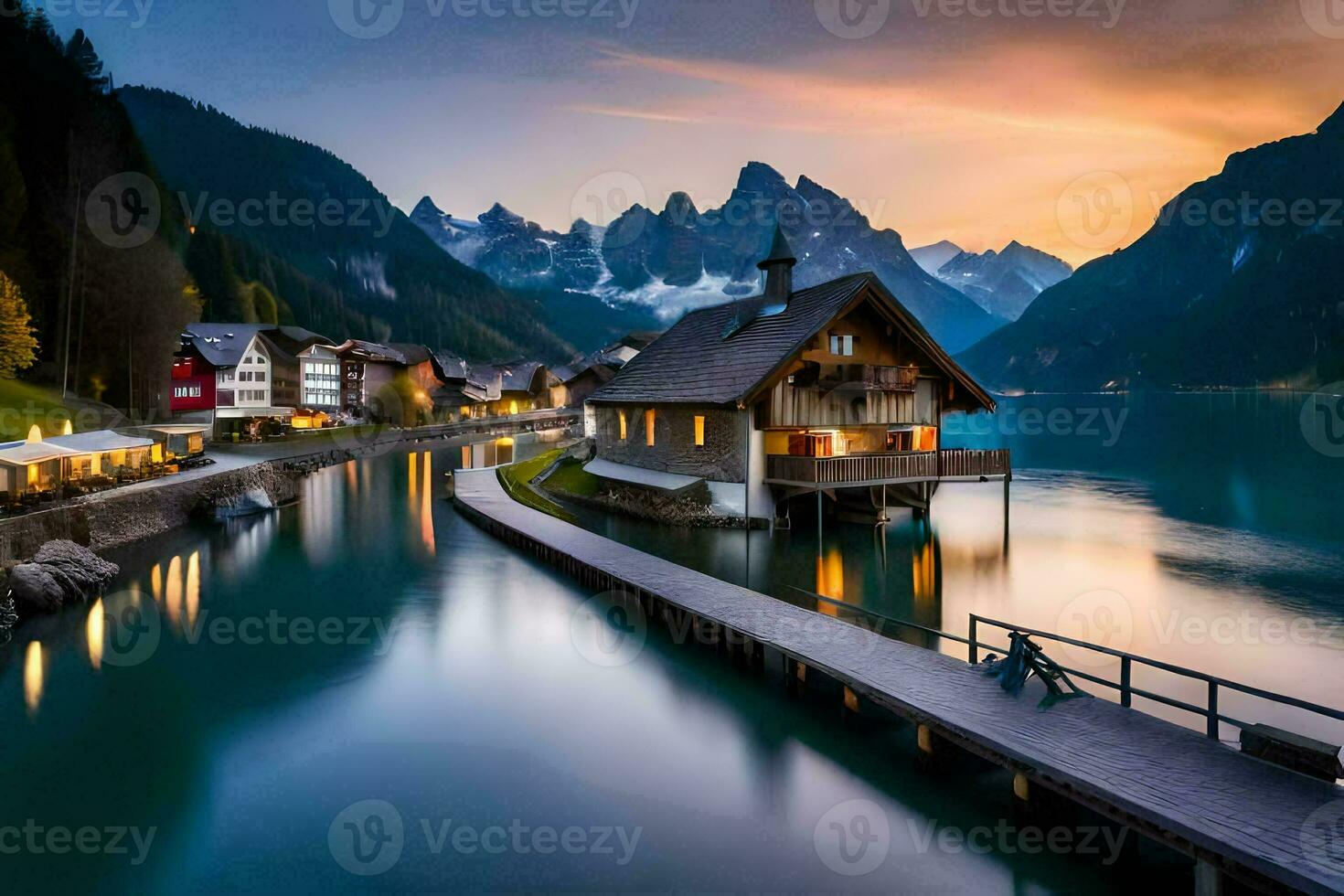 a lake and a wooden dock at sunset. AI-Generated photo