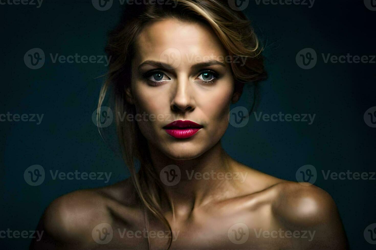a beautiful woman with pink lipstick and a dark background. AI-Generated photo
