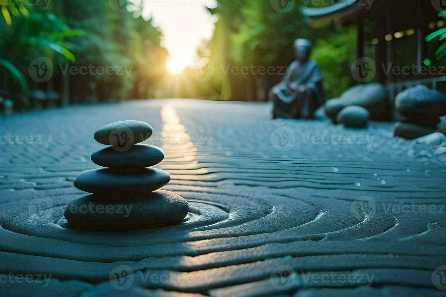 a zen garden with stones stacked on top of each other. AI-Generated photo