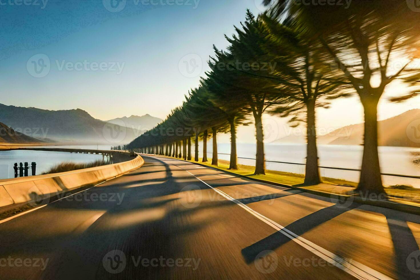 a road with trees and water in the background. AI-Generated photo