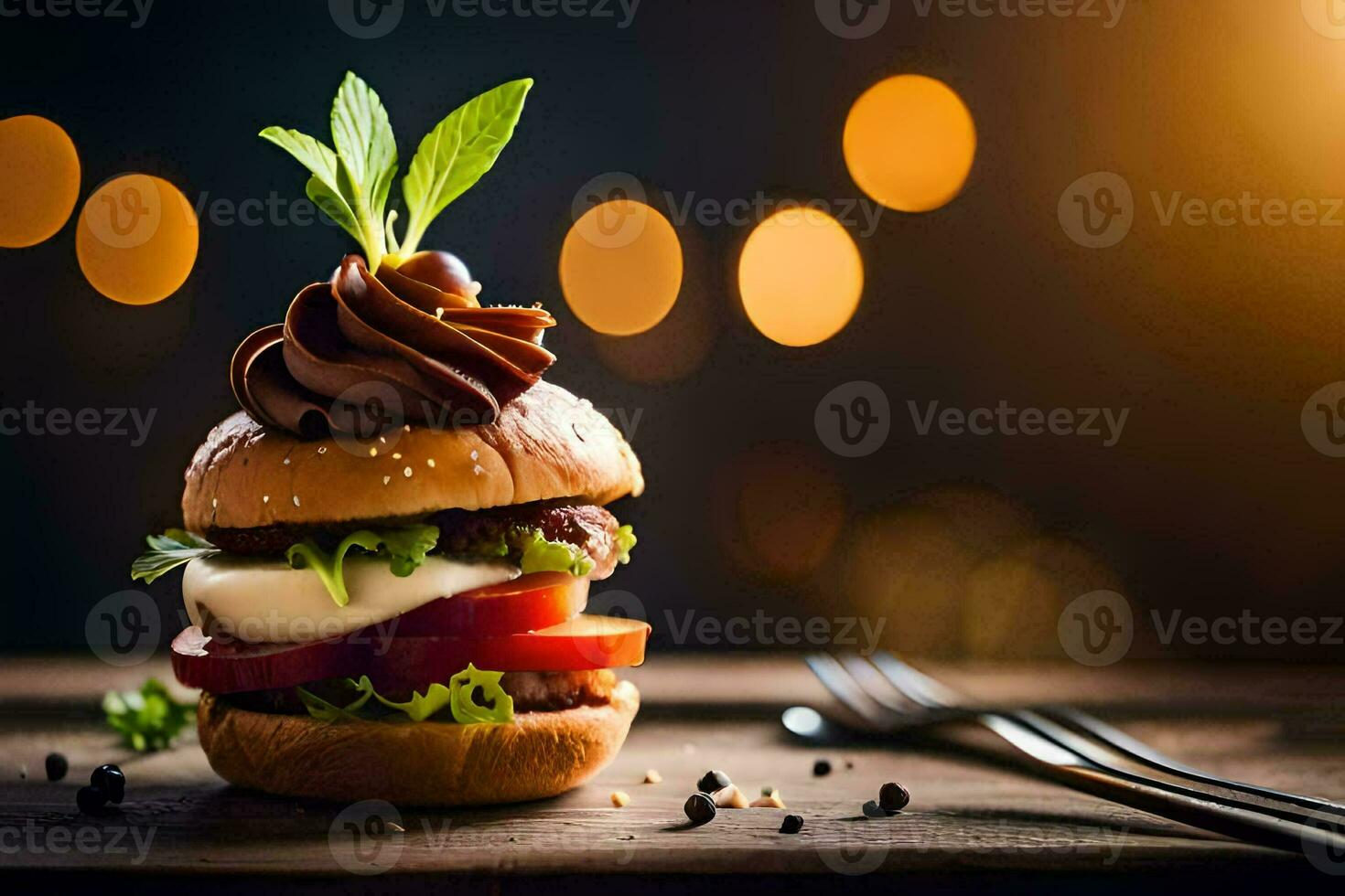 a hamburger with cheese and tomato on a wooden table. AI-Generated photo