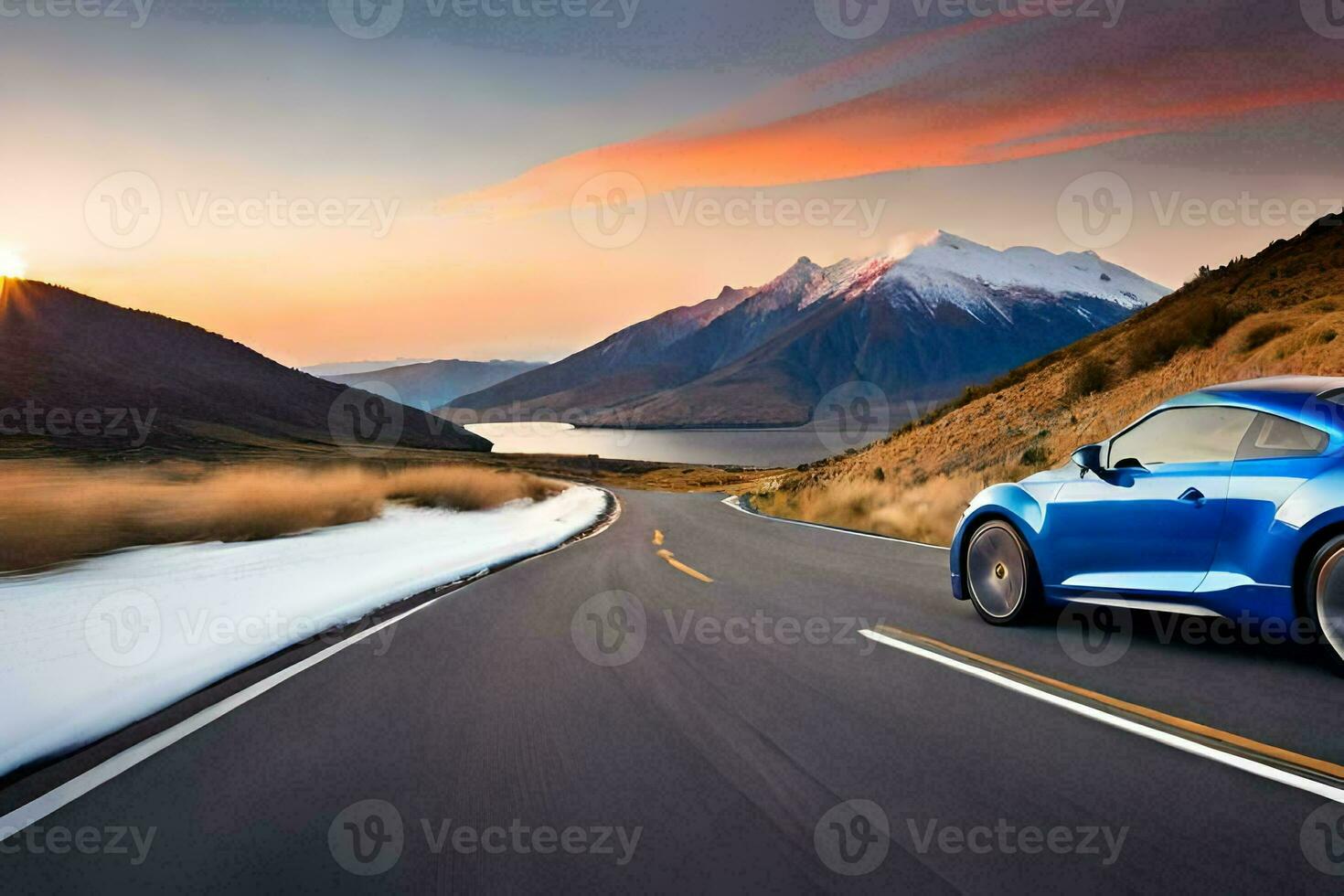 el 2020 Porsche caimán es conducción abajo un montaña la carretera. generado por ai foto