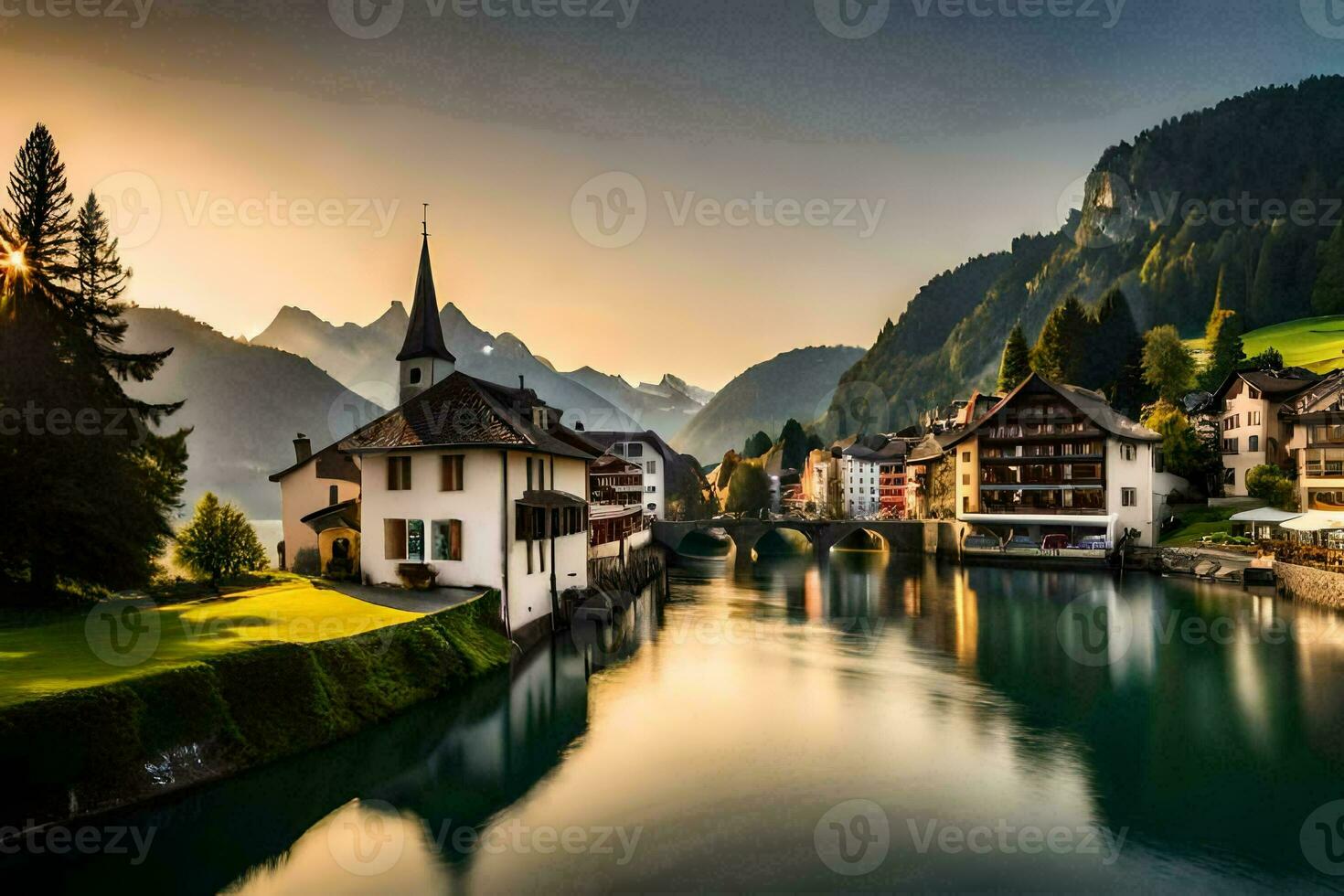 the sun sets over a river in switzerland. AI-Generated photo
