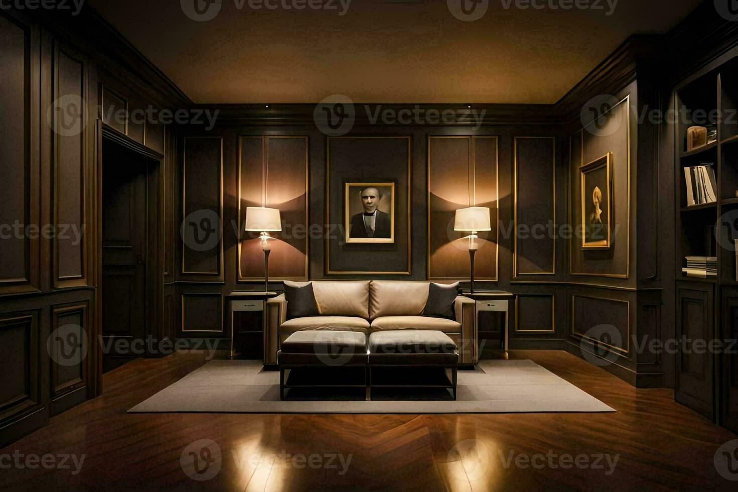 a room with dark wood paneling and a couch. AI-Generated photo