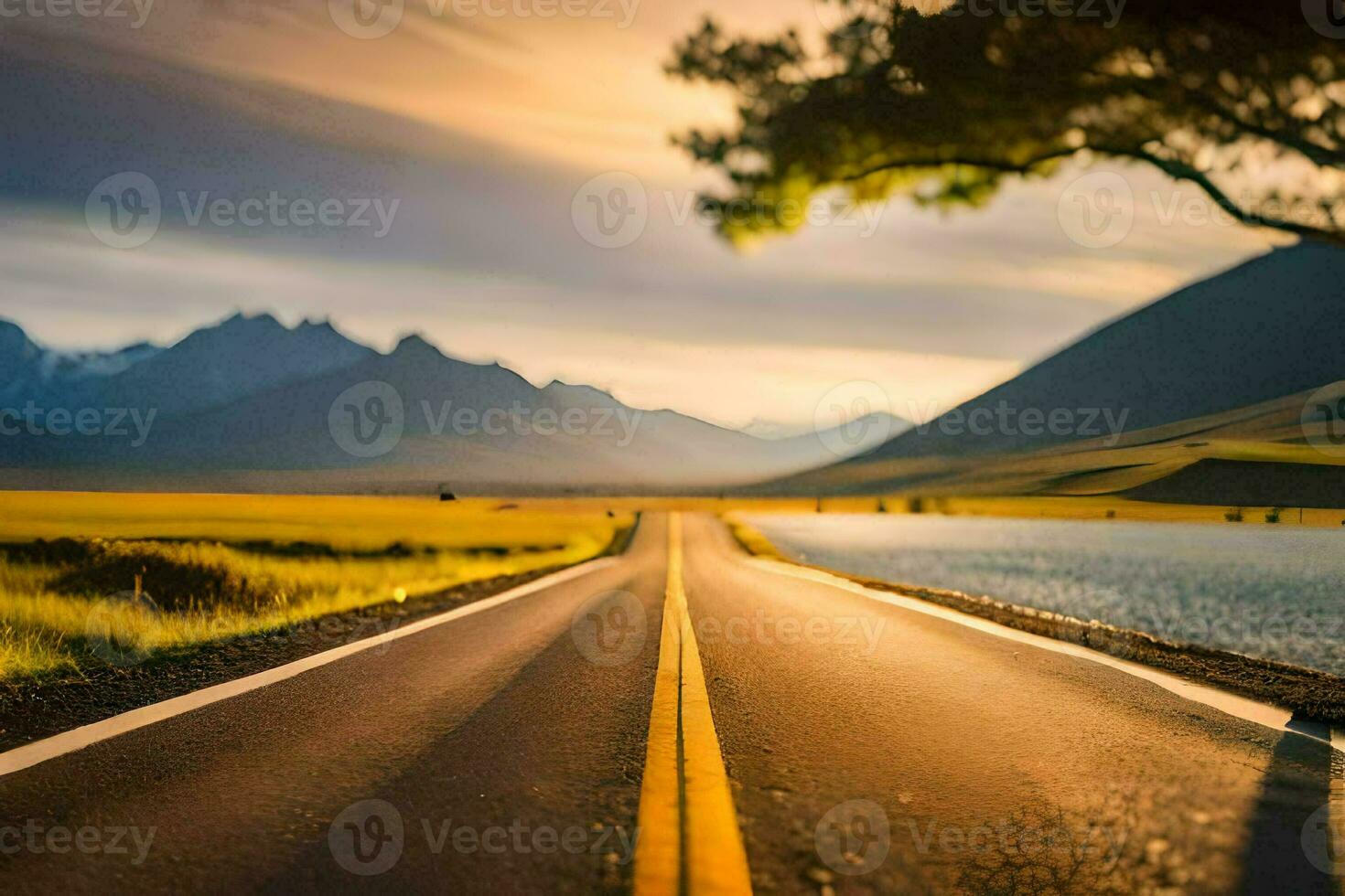 a long road with mountains in the background. AI-Generated photo