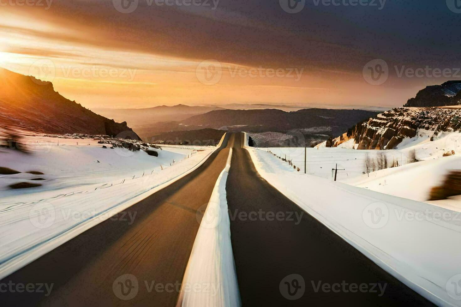 a long road in the mountains with snow. AI-Generated photo