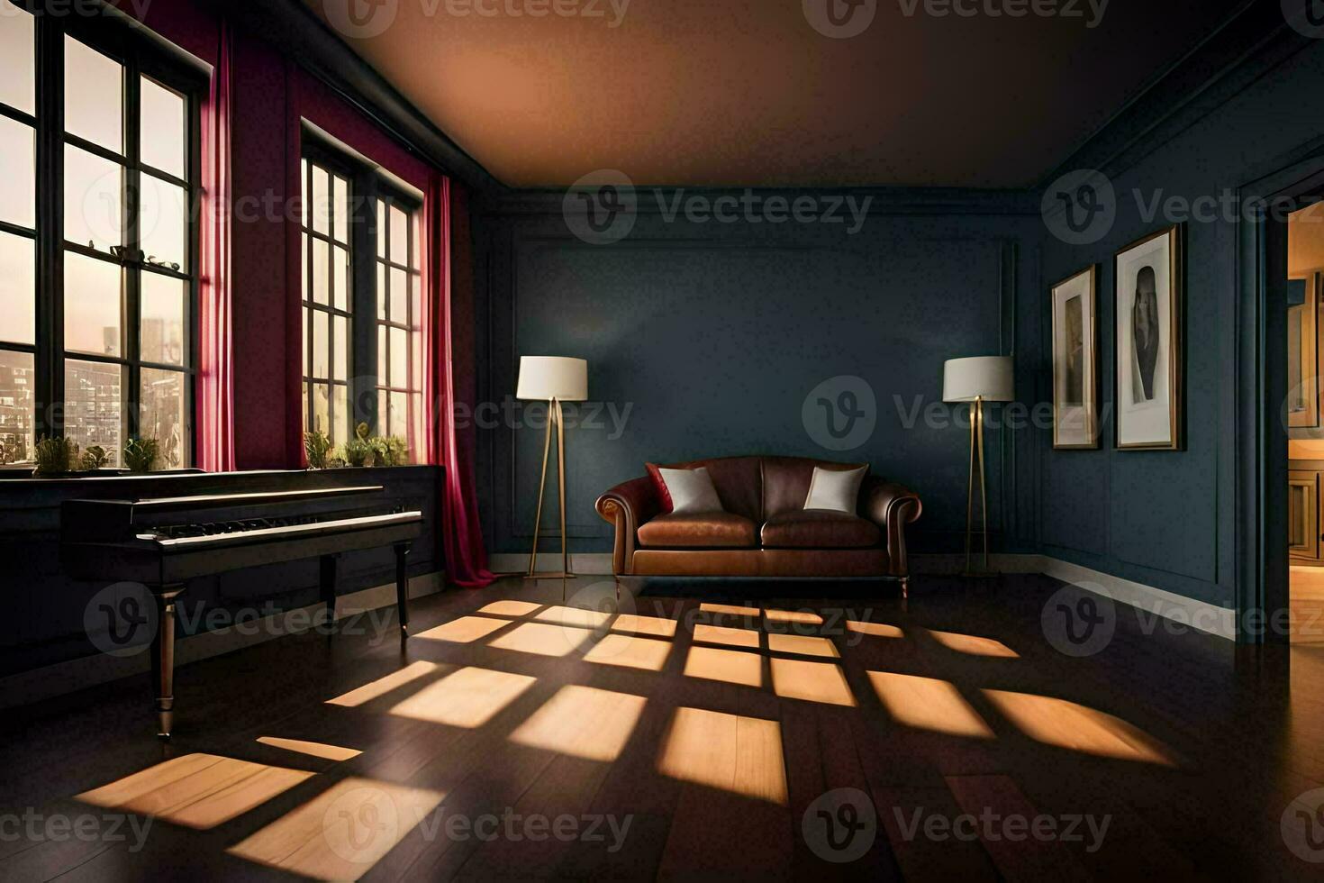 a room with a piano and a couch. AI-Generated photo