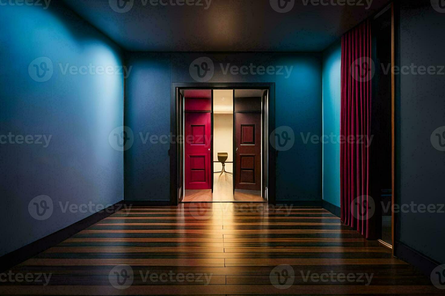 a hallway with a blue wall and wooden floors. AI-Generated photo